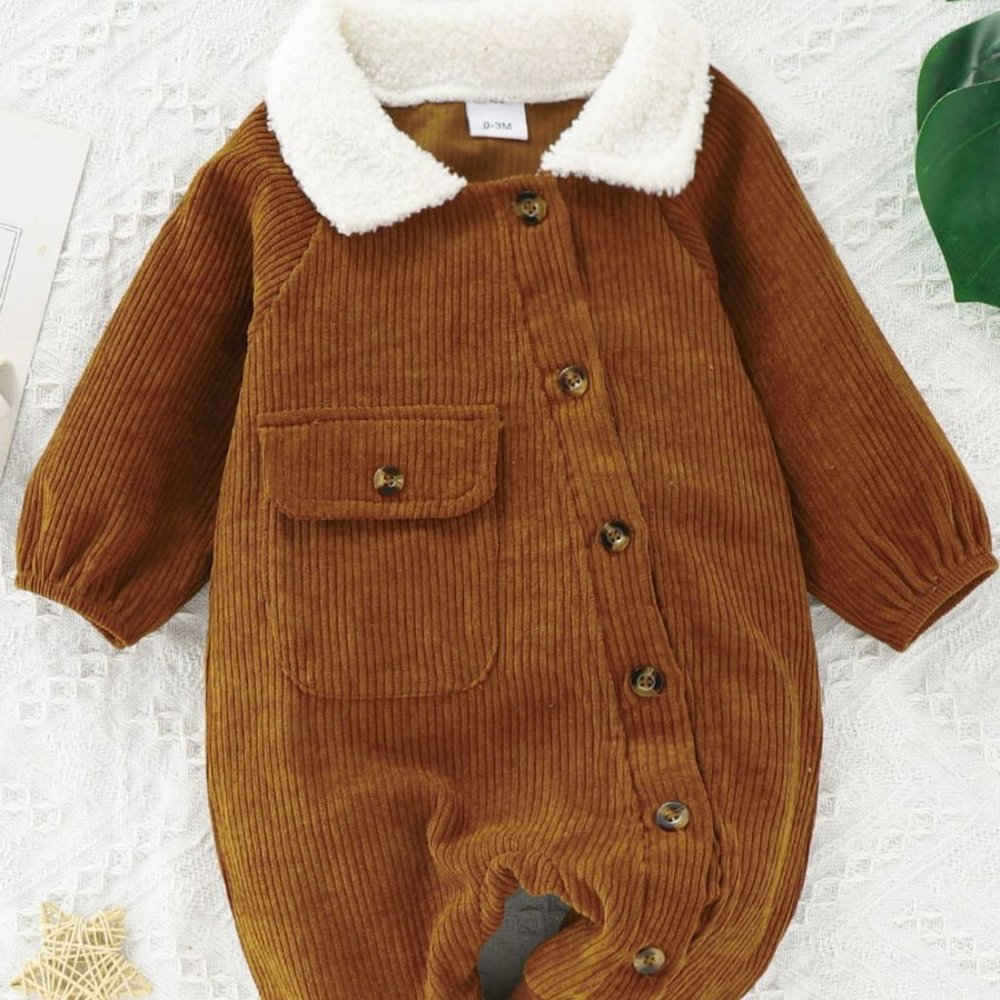 Baby Buttoned Collared Neck Corduroy Jumpsuit
